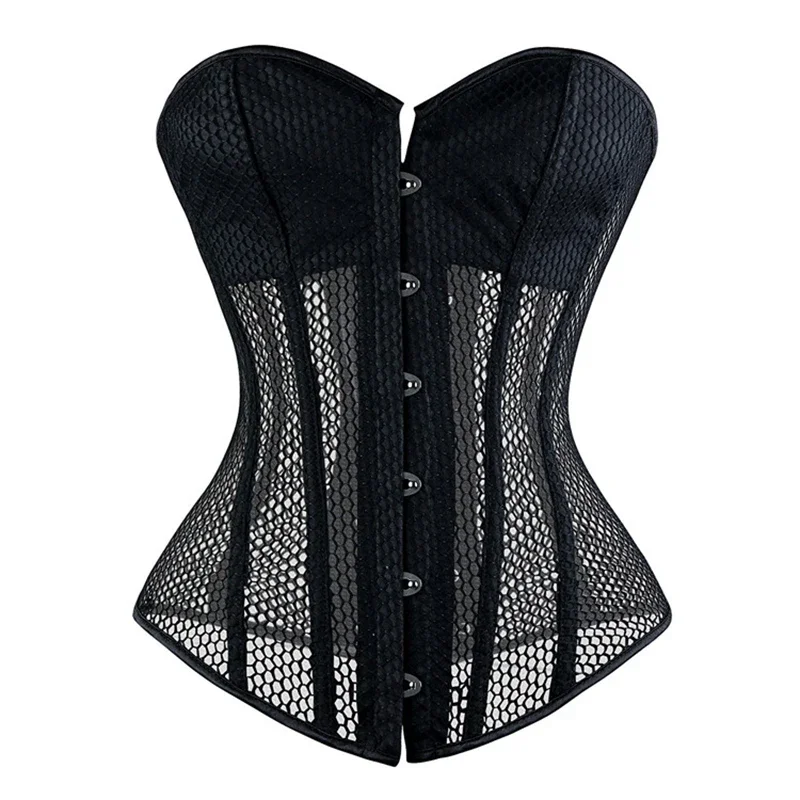 Vintage Black Women's Breathable Shapwear Costumes Sexy Transparent Mesh Corselet Hollow Out Corset Gothic Lace Corsets