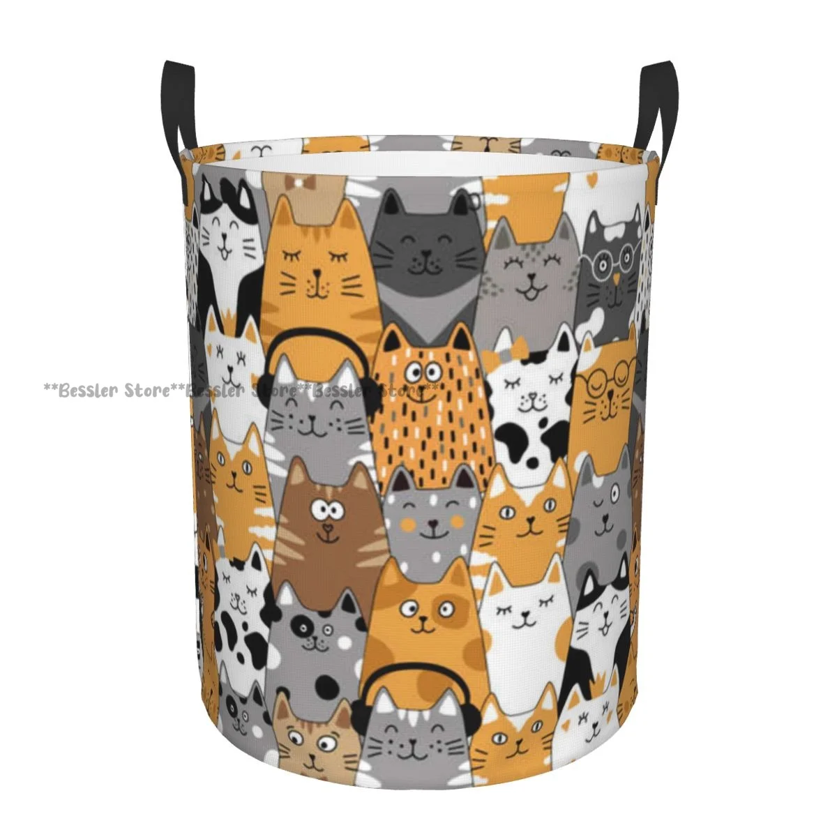 Folding Laundry Basket Funny Cats And Fish Round Storage Bin Large Hamper Collapsible Clothes Bucket Organizer