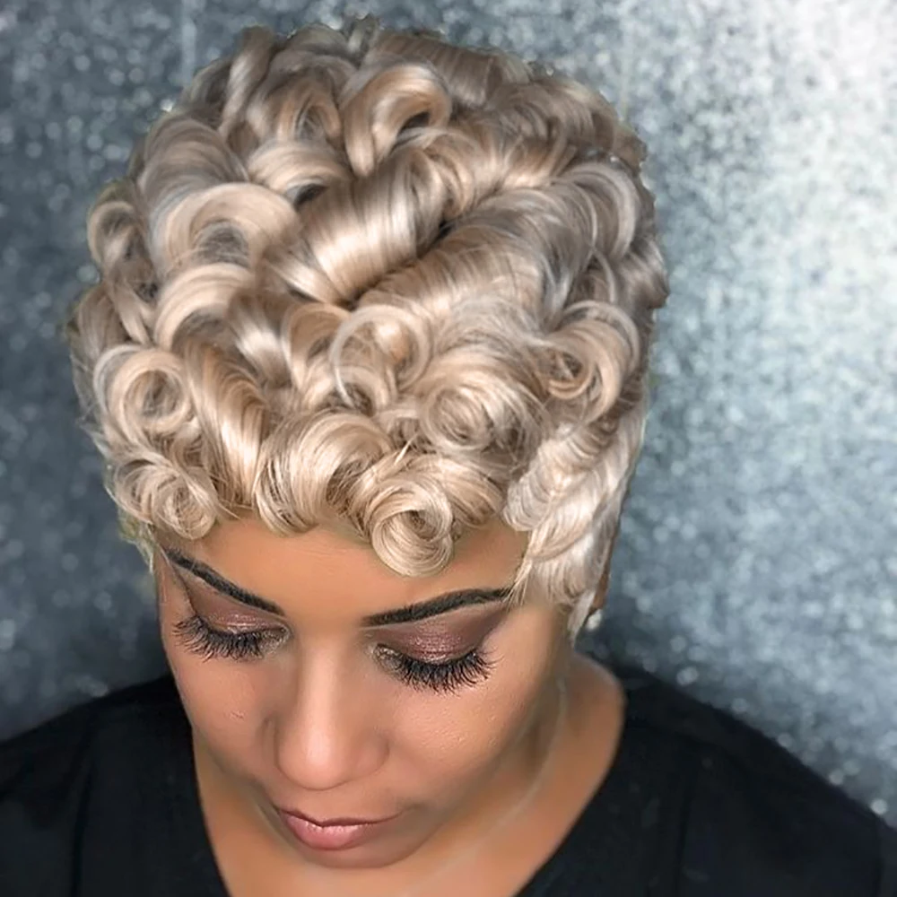 شقراء قصيرة عابث قطع الباروكات شعر الإنسان فضفاض موجة مجعد الباروكات مع الانفجارات للنساء الشعر البرازيلي آلة صنع قبعة تأثيري اليومي