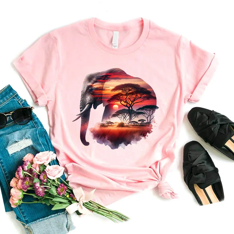 Watercolor Elephant Nature Animal Printed Tshirt Girls Funny Pink T Shirt Women Casual Art Aesthetic Clothes Summer Tops T-Shirt