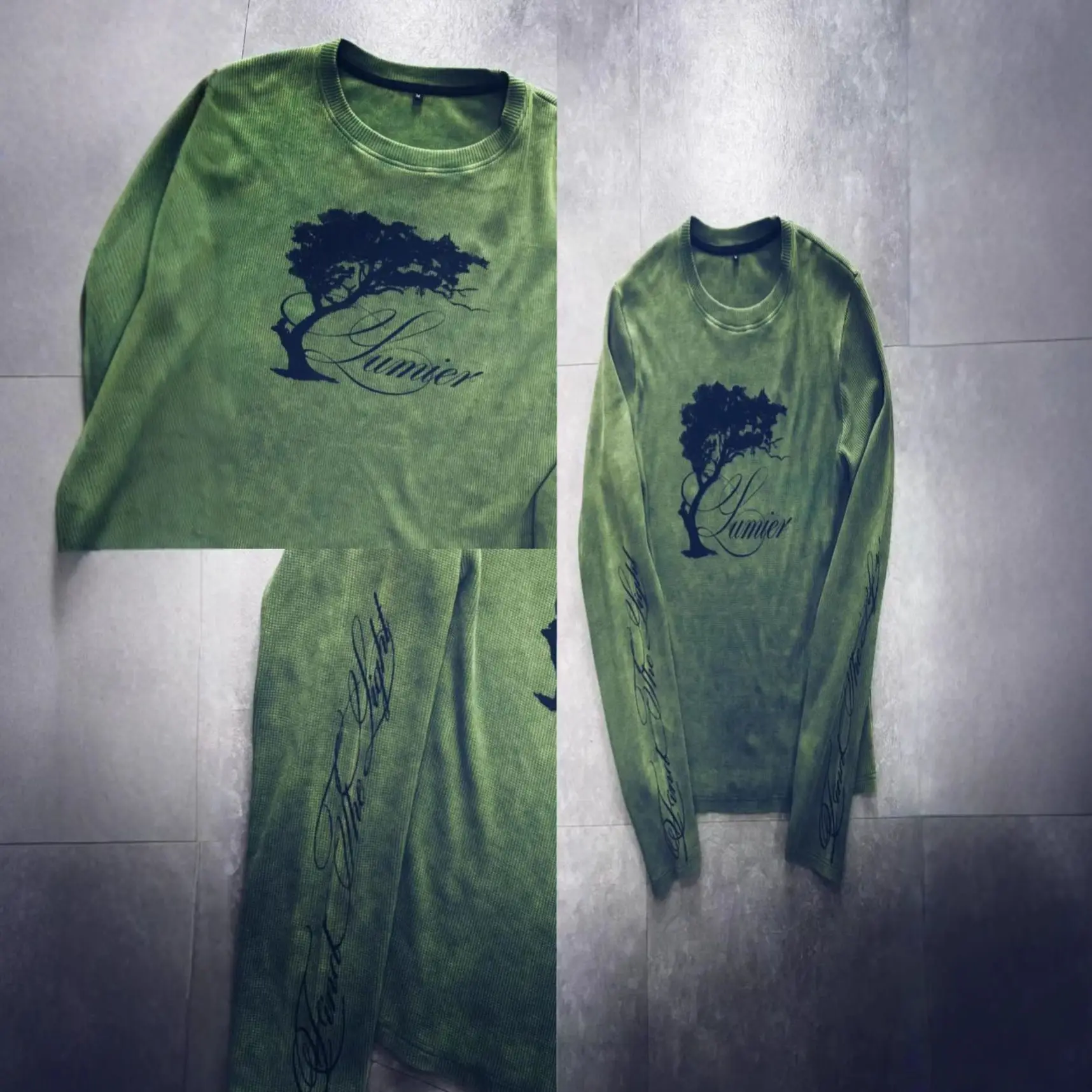 2026 Neuerscheinung Damen Y2K Gewaschenes Grün-Baum-Print Langarm-T-Shirt Übergroßes Retro Casual Oberteil