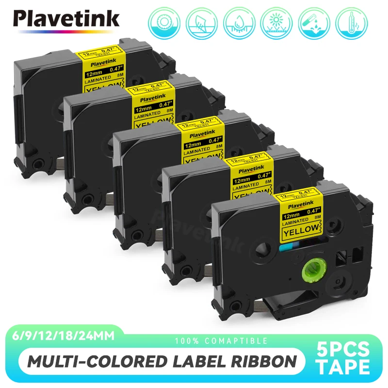 PLAVETINK 5Pack tze231 tze631 Laminated Ribbon 6/9/12/18/24mm Compatible for Brother Ptouch PT-H110 D600 710BT Label Maker  Tape