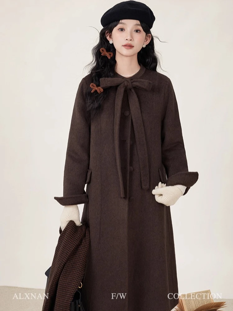 

ALXNAN Woolen Coat for Women Brown Long Double-sided Woolen Outerwears 2025 Autumn Winter Elegant Office Lady Overcoat L51007