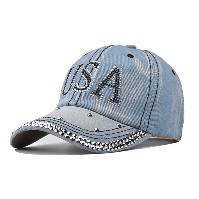 

Baseball Cap Denim Rhinestone Men Women Fit Hat Adjustable Sun Protection Accessory For Golf Holiday Running Sports Outdoor