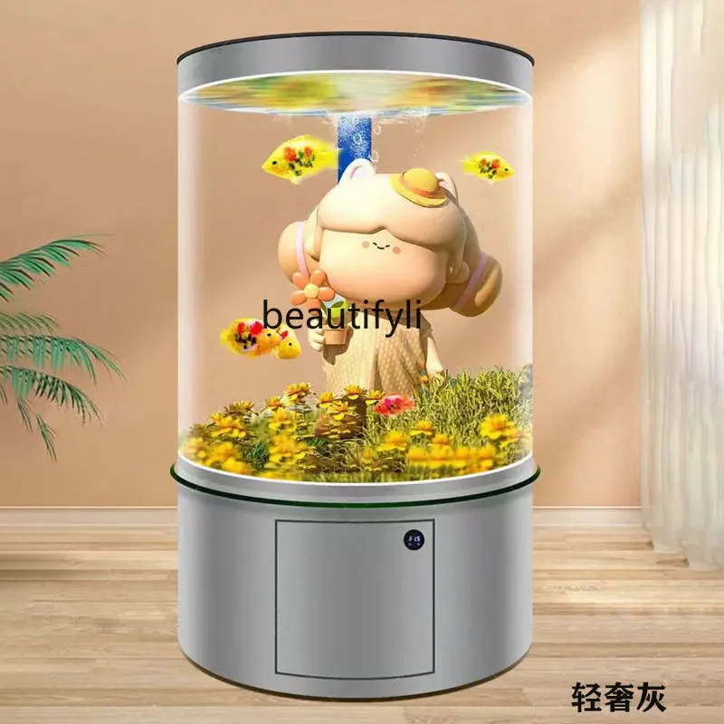 Cylindrical Fish Tank Living Room Home Floor Vertical round Barrel Glass Intelligent Ecological Free Change Aquarium