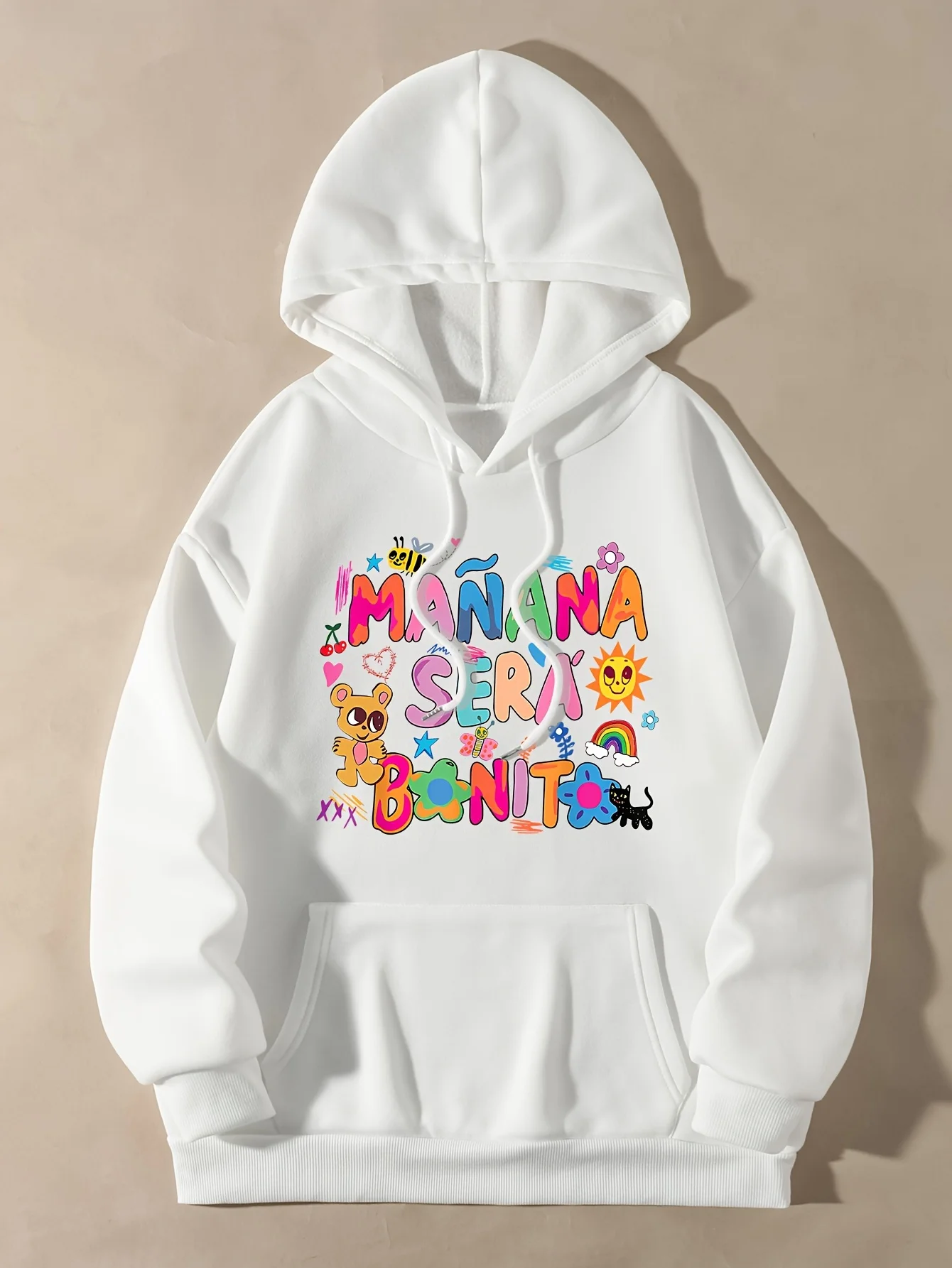 هوديي بجيب الكنغر مطبوع عليه حروف ورسومات، سويت شيرت كاجوال برباط بأكمام طويلة، ملابس نسائية