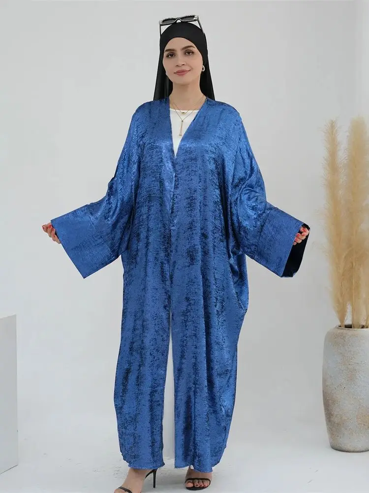 Ramadan Eid Open Satin Batwing Abaya Dubai Luxury 2024 Muslim Kimono Kaftan Dress Abayas For Women Kebaya Robe Femme Musulmane