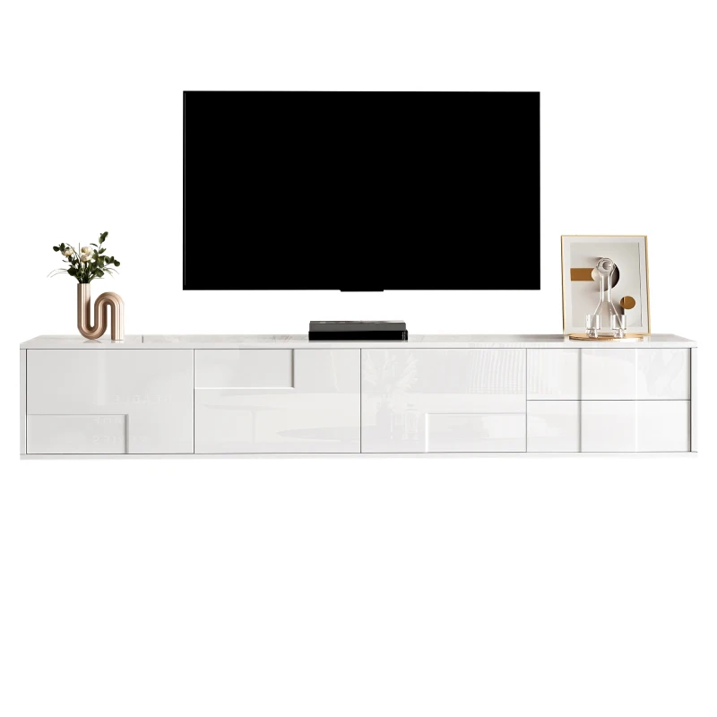 Meuble TV blanc moderne, 170 cm, suspendu ou sur pied, finition ultra brillante, sans poignée avec 3 portes et 2 tiroirs, beaucoup d'espace de rangement pour le salon