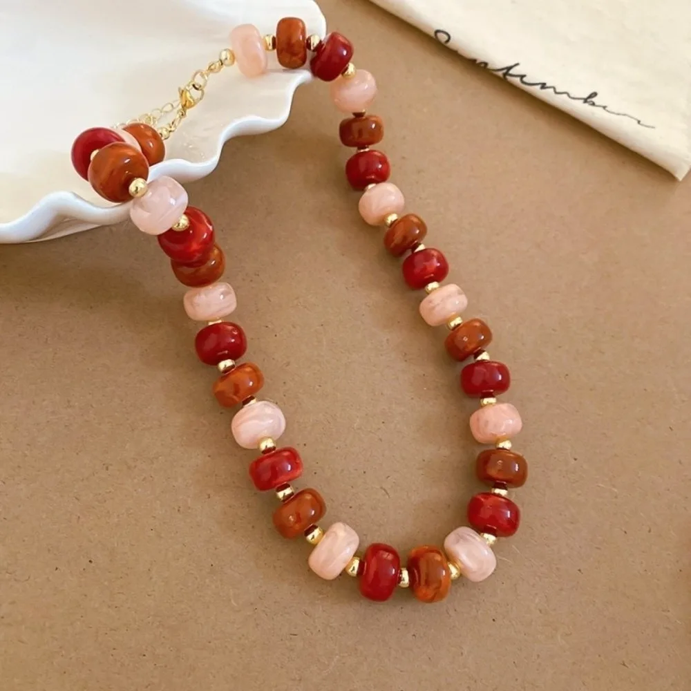 Vintage Retro Colorful Resin Beads Necklace Acrylic Exquisite Chain Necklace Lightweight Gold Beads Neck Accessory Daily