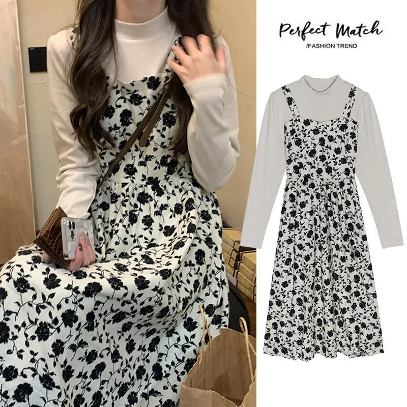 

French false two-piece long-sleeved floral dress female autumn and winter new internal bottoming thin halter dress sub