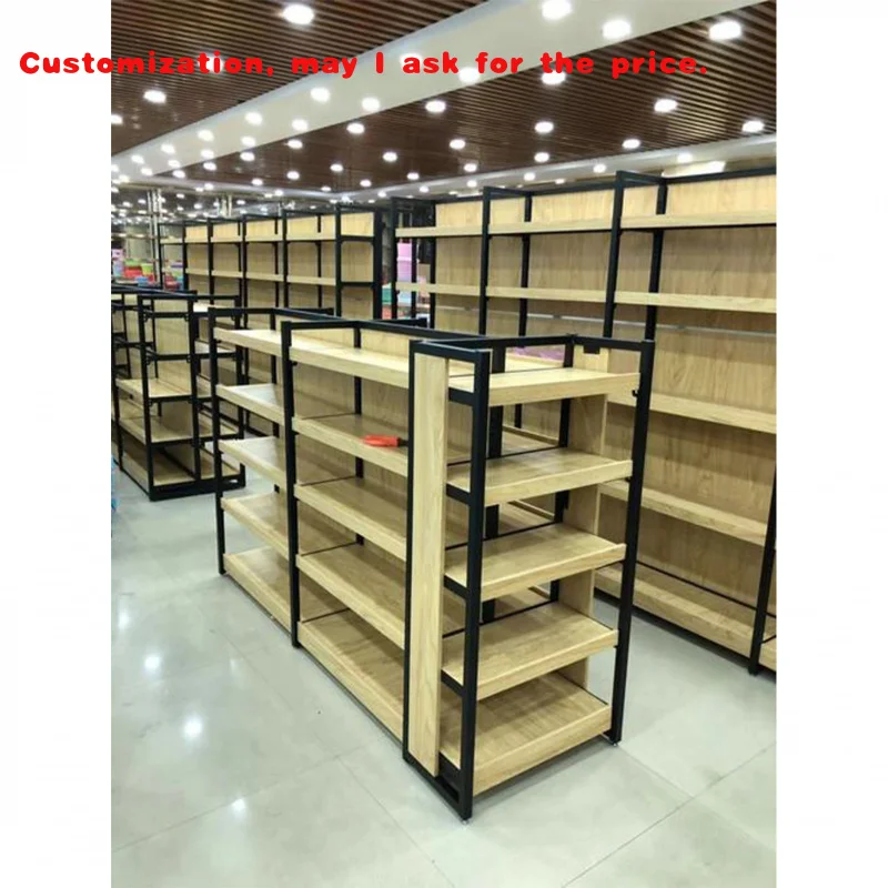 

custom.Hot Selling Grocery Rack Wooden Supermarket Shelf Rack Wood Shelf With Metal Frame Supermarket Metal Shelving