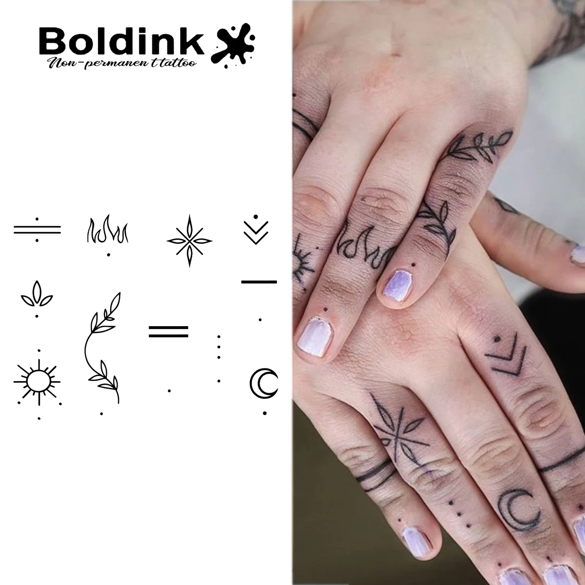 الوشم المؤقت البسيط بأطراف الأصابع، أنماط هندسية ونباتية، ملصقات شبه دائمة مقاومة للماء بتقنية جديدة. #1