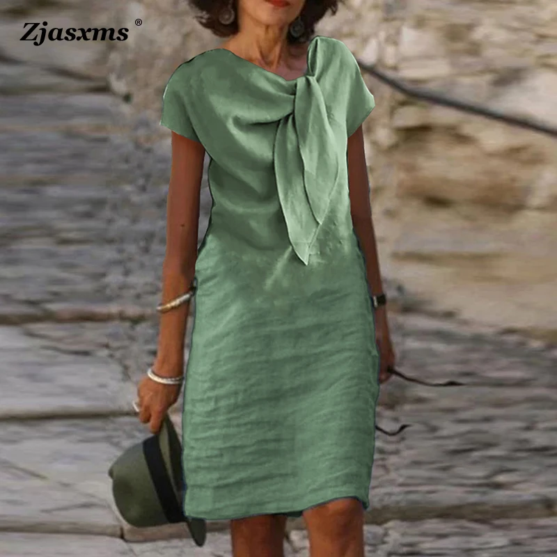 

Retro Female Slim A Line Dress Elegant Women Cotton Linen Solid Color Mini Dress 2023 Summer Short Sleeve Lace-Up Bow Fold Dress