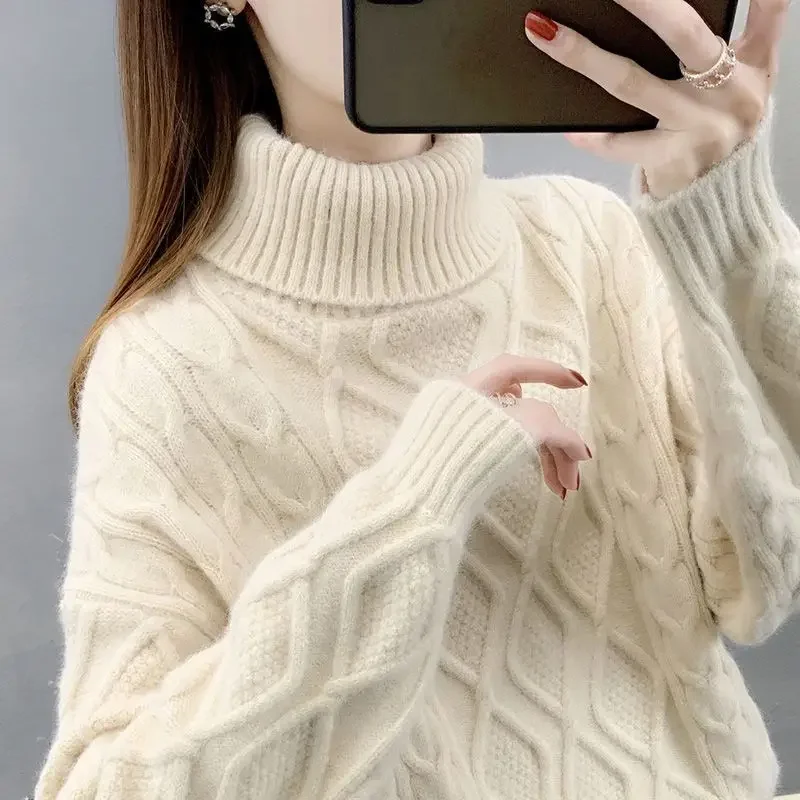 Sweater Women's Winter Commuter Loose Fitting Elegant High Neck Knitted Lapel Thickened Base Sweater Women's Clothing D116