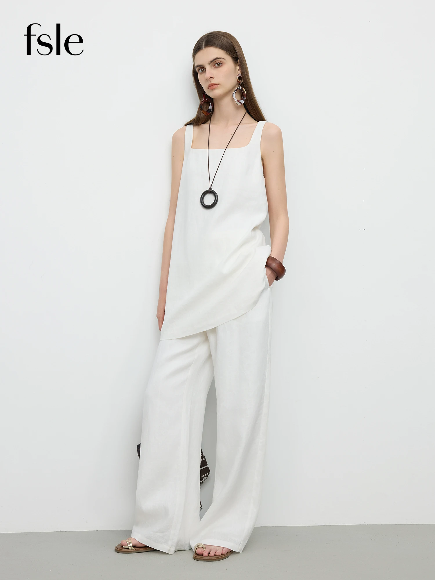 

FSLE【Premium Series】Minimalist Old Money Style Linen Loose Sleeveless Vest Pants Set For Women 2025 Summer New Casual Pants