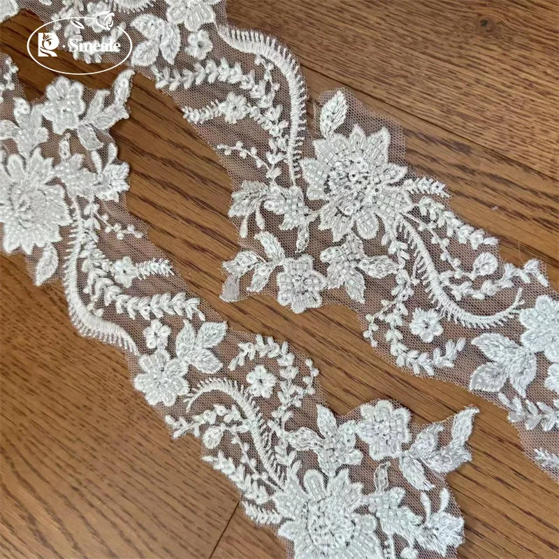 3 Yards hochwertiger weißer Perlenstickerei-Spitzenkopfschleier, Hochzeitskleid, dekorative Accessoires, handgefertigte Spitze zum Selbermachen – Detail 4