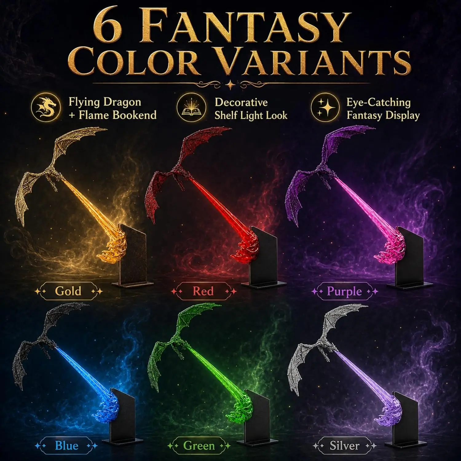 3D Dragon Flame Bookshelf Nook Light, LED Fire Breathing Dragon Decor