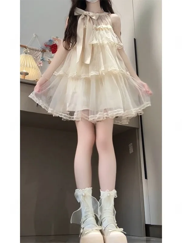 Ele  Knot Svel Dr Summer New Gentle Sweet Fluffy Waist a Net ort Skirt A-Line Silhouette Pure C...