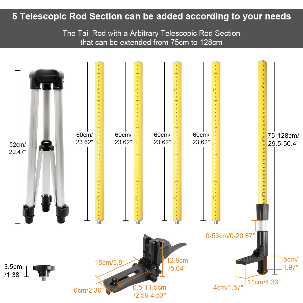 Huepar 12 Ft./3.7m Telescoping Pole with 1/4-Inch by 20-Inch Laser Mount for Rotary and Line Laser Level ncluded Rod & 5/8\