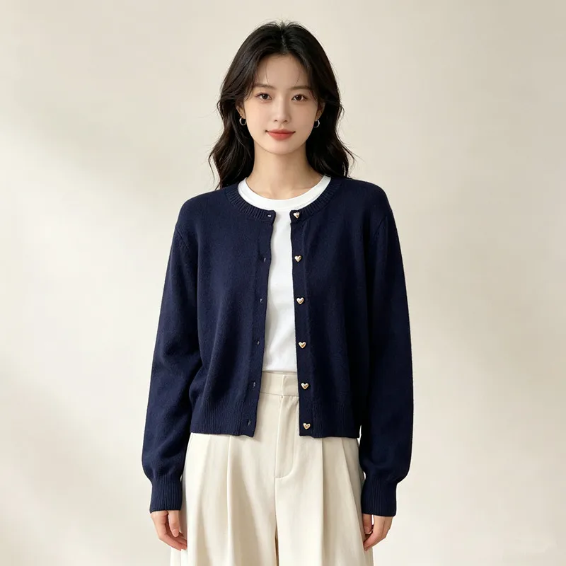 Women's Clothing Vintage Little Golden Heart-shaped Button Knit Cardigan Autumn Winter Casual Loose O-neck Long Sleeve Sweaters