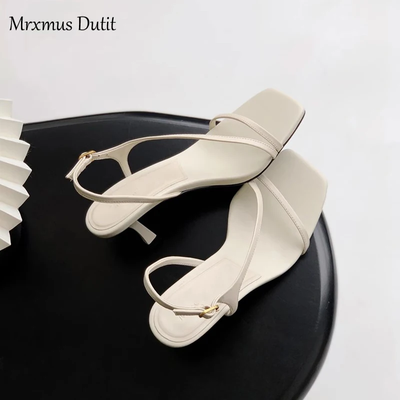 Mrxmus Dutit 2023 Summer Fashion Genuine Leather One Word Belt Stiletto High Heel Shoes Women Solid Simple Casual Sandal Female