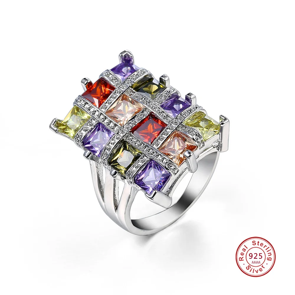 Fashion Colorful CZ Crystal 925 Sterling Silver Jewelry Square Width Party Finger Ring For Women Wedding Engagement Rings