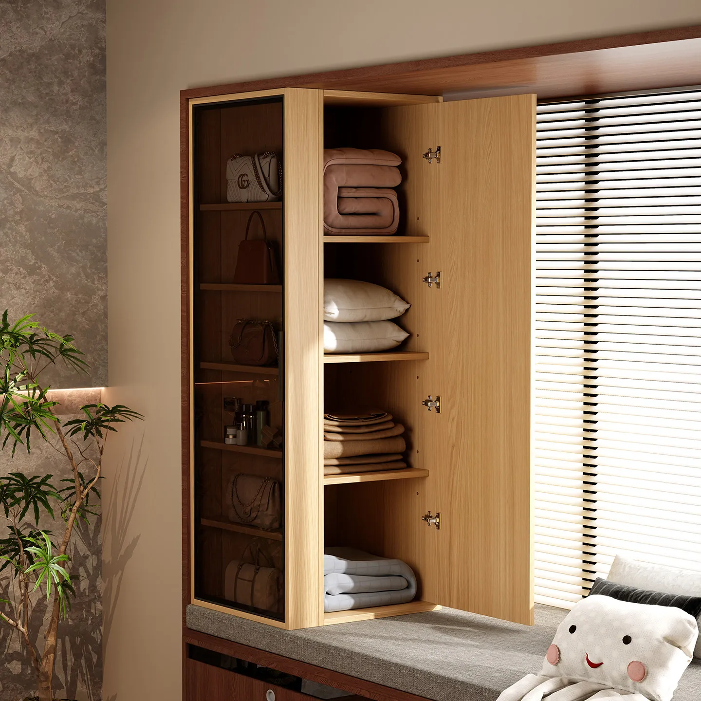 

bay window storage table, clothes storage locker, integrated small coat rack