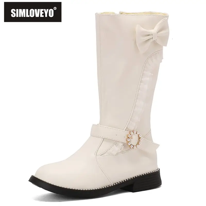 SIMLOVEYO 2024 Design Girls Mid Calf Boots Round Toe Thick Heel 3cm Bowknot Pearl Buckle 31 32 33 42 43 Sweet Booties