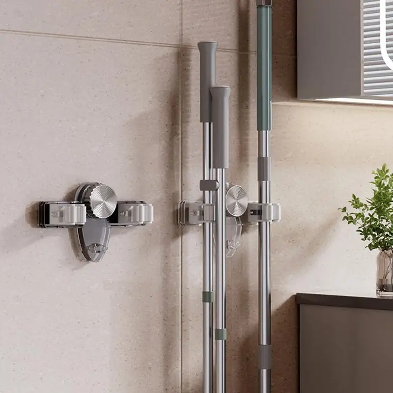 Suction Cup Mop Hanger with 2 holder Wall-Mounted Bathroom Mop Rack Broom Storage Clip Waterproof Adjustable Broom Holder - view 3