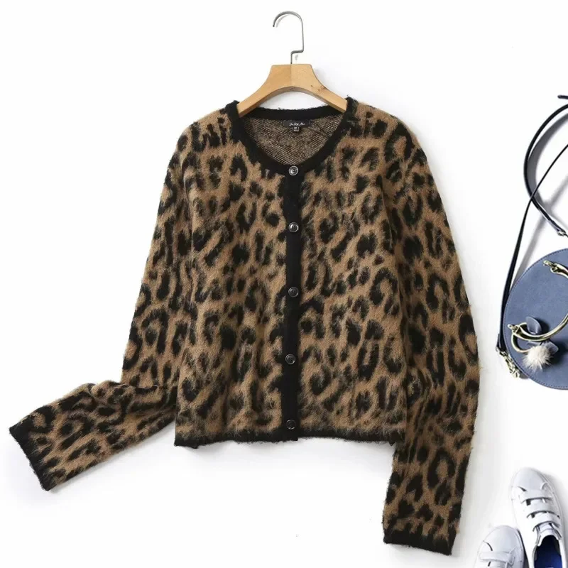 Leopard Print Knitted Sweater Cardigan Women Autumn Winter America Leopard Printed Sweater Cool Casual Round Neck Jacket Women