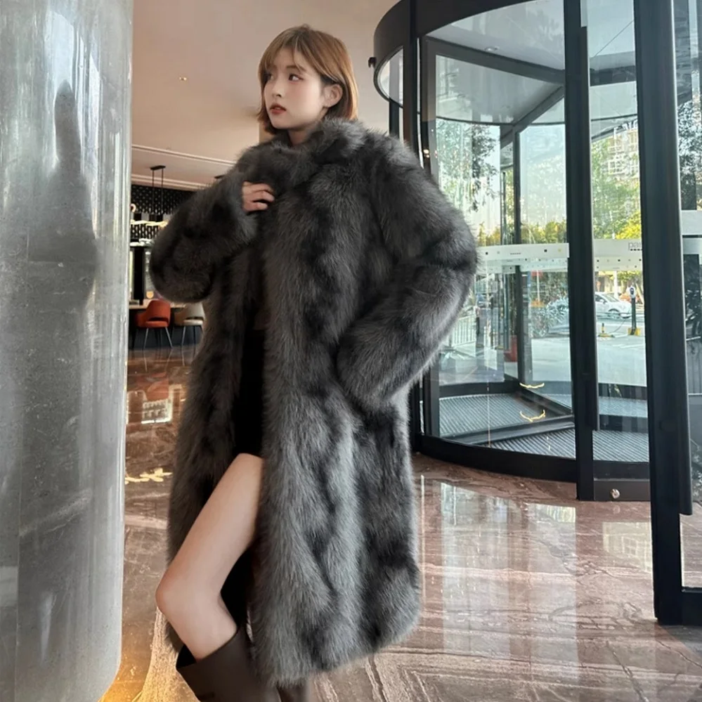 Fashionable Young Lady Environmentally Faux Fox Fur Trench Coat for Women Extended Version Windbreaker Winter Plush Fur Overcoat