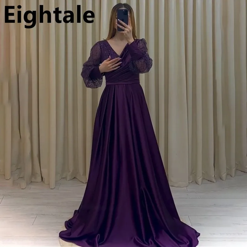 

Purple Plus Size A Line Evening Dress Sparkly Long Sleeves V Neck Sequins Satin Custom Made Formal Prom Party Gown vestidos