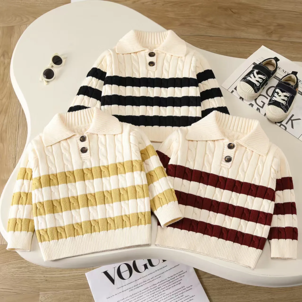 Children's Lapel Striped Sweater New Baby Polo Neck Pullover Knitted Sweater Infant Twist Top