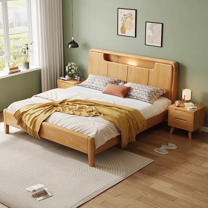 เตียงไม้เนื้อแข็งสไตล์นอร์ดิกเรียบง่าย เตียงนอนหลังใหญ่พร้อมที่เก็บของแบบกล่องสูง ขนาด 1.8 เมตร เตียงคู่ เหมาะสำหรับบ้านพักและที่พักแบบเบดแอนด์เบรคฟาสต์