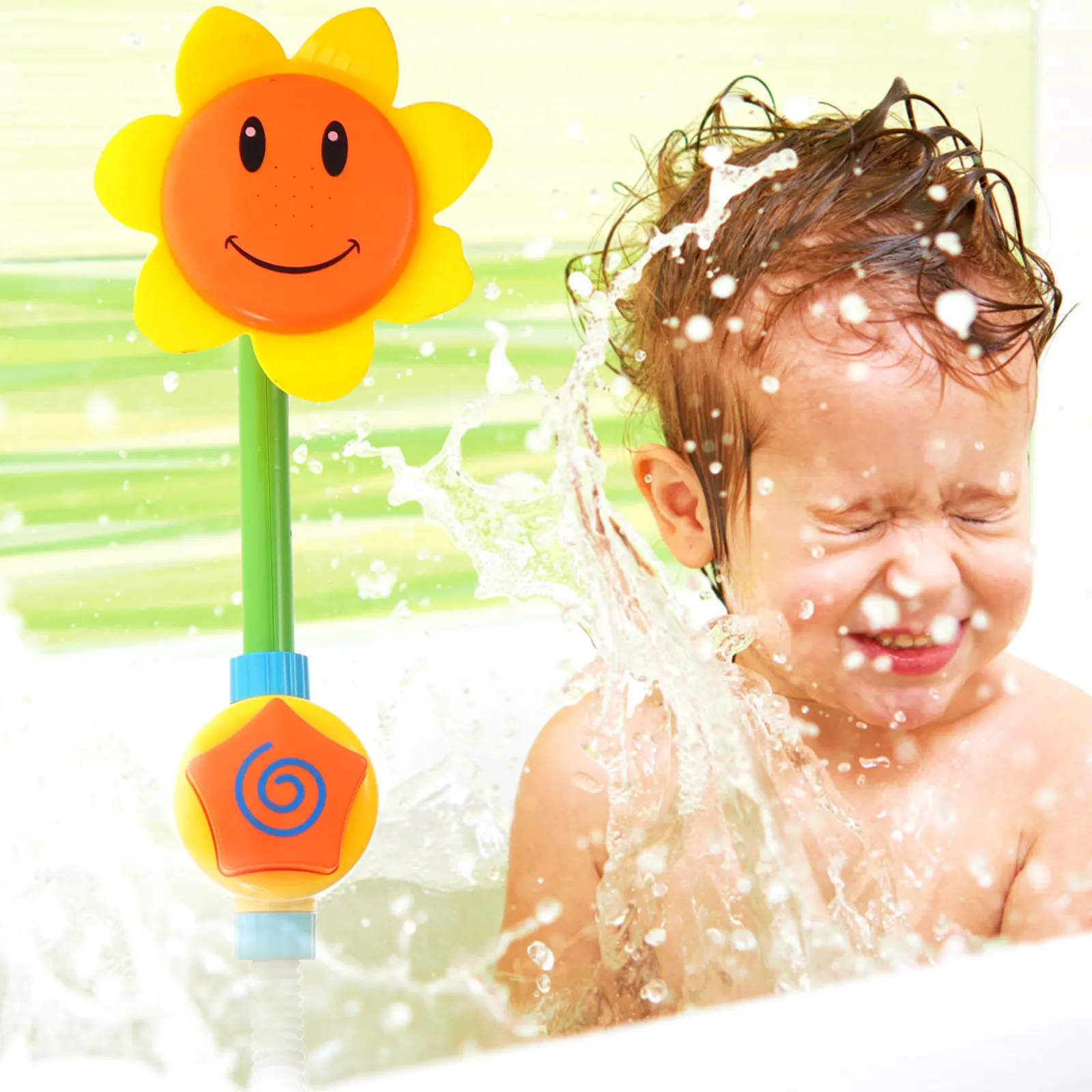 sunflower-shower-head-yellow-cartoon-design-lightweight-portable-baby-kids-bath-fun-play-environmentally-friendly-burr-free