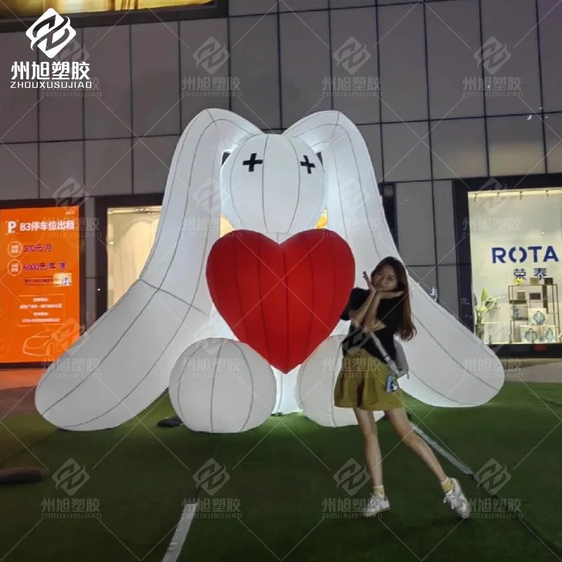

Надувная светящаяся фигура белого кролика в форме сердца на заказ, реквизит для декораций торговых центров и мероприятий на открытом воздухе