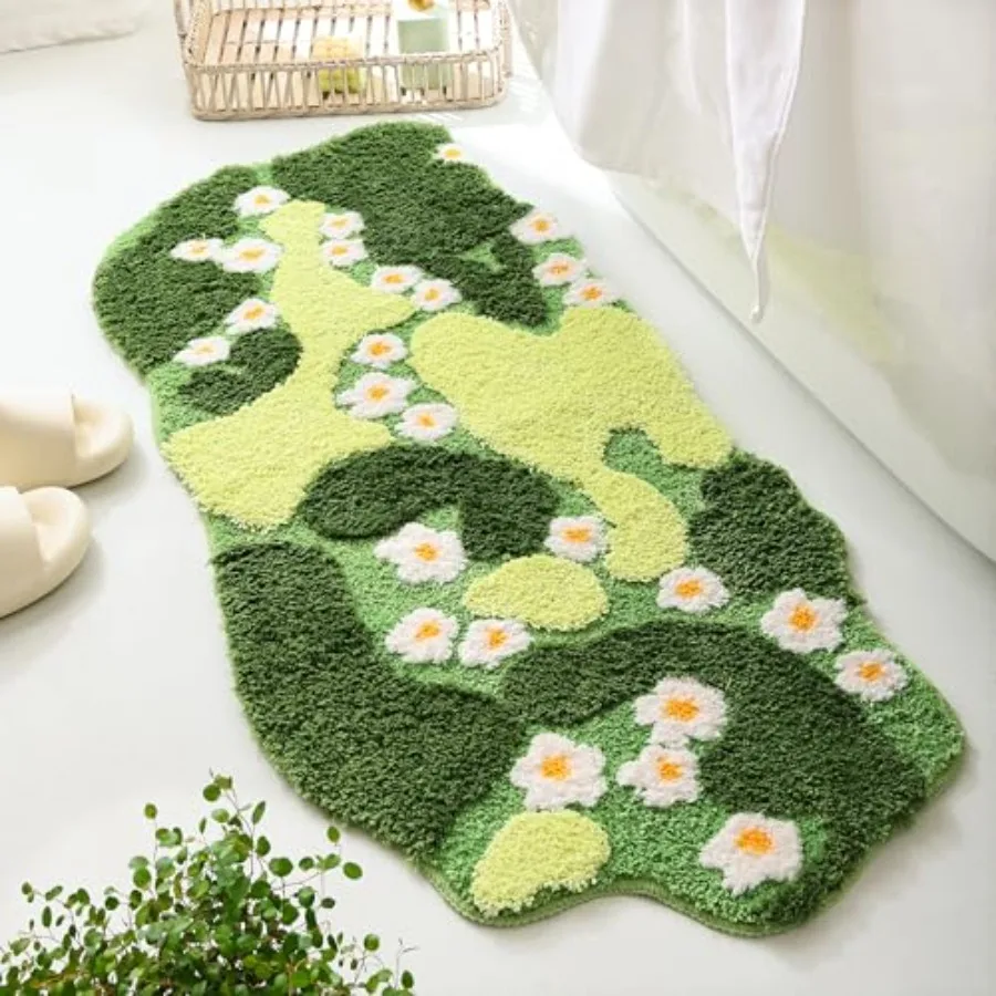 

Bathroom Rugs Green Bath Mat Cute Moss Rug with Small White Flowers Non Slip Door Mat for Bedroom and Kitchen Soft Washable Rug