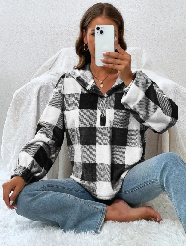 2024 Autumn/winter New Plaid Half Open Collar Button Loose Plush Hooded Casual Hoodie For Women