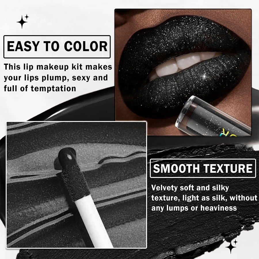 1Pc Glitter Velluto Lip Gloss Nero Impermeabile Shimmer Rossetto liquido Labbra tinta Trucco Lip Smalto Cosmetici Regali Lip Stain