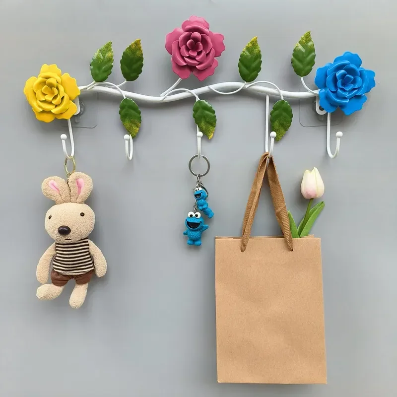 

Rural style wrought iron colorful rose hooks door bags clothes and hats wall hanging hangers bathroom entrance decoration hooks