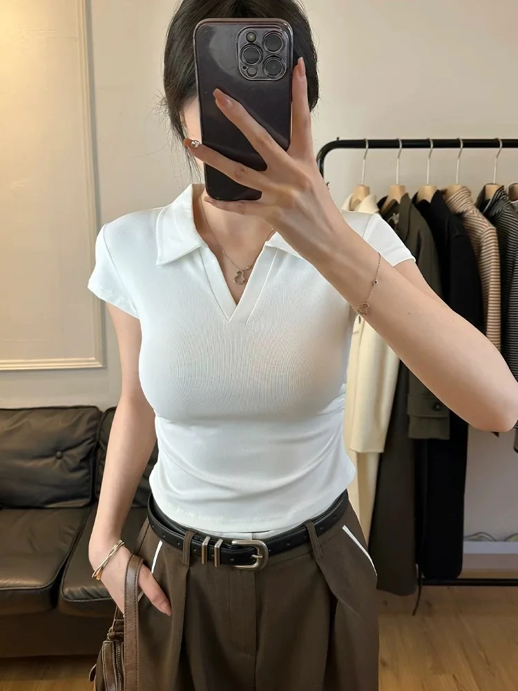 Cotton Summer Sexy Women's T Shirt Skinny Slim Basic Solid Crop Top Short Sleeve Polo TShirtCasual Top Tee for Women