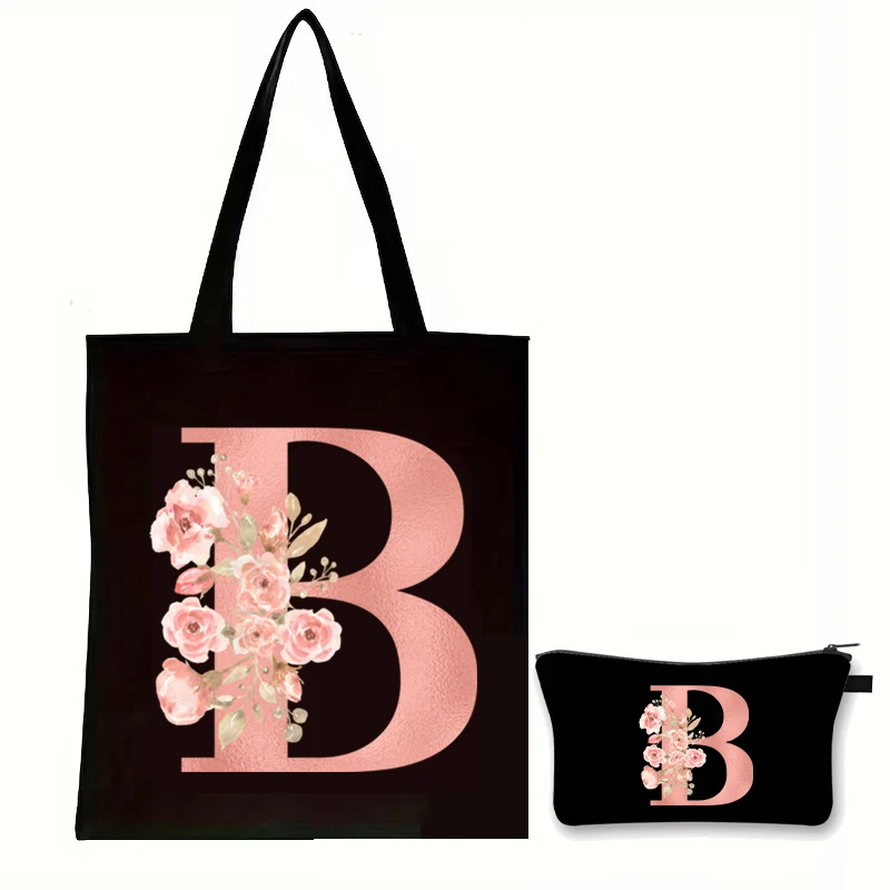 Bolso Tote con Alfabeto Floral de Rosas para Mujer, Bolso de Mano Vintage para Uso Diario, Regalo, 26 Letras, Bolsa de Maquillaje, Conjunto de Bolsos de Hombro