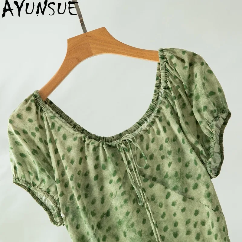 AYUNSUE Silk Double Crepe Dresses for Women French Puff Sleeves Long Dresses Elegant Summer Dress Woman Clothes Платье Женское