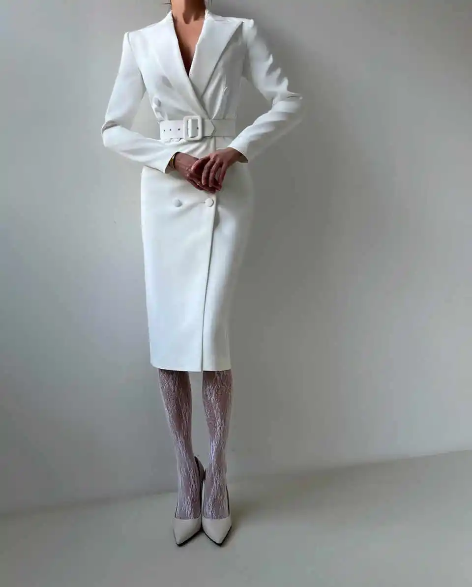 Simple Tailored Women Suit 1 Piece Long Blazer Overcoat Double Breasted Peaked Lapel Belt Office Wear Women Customized