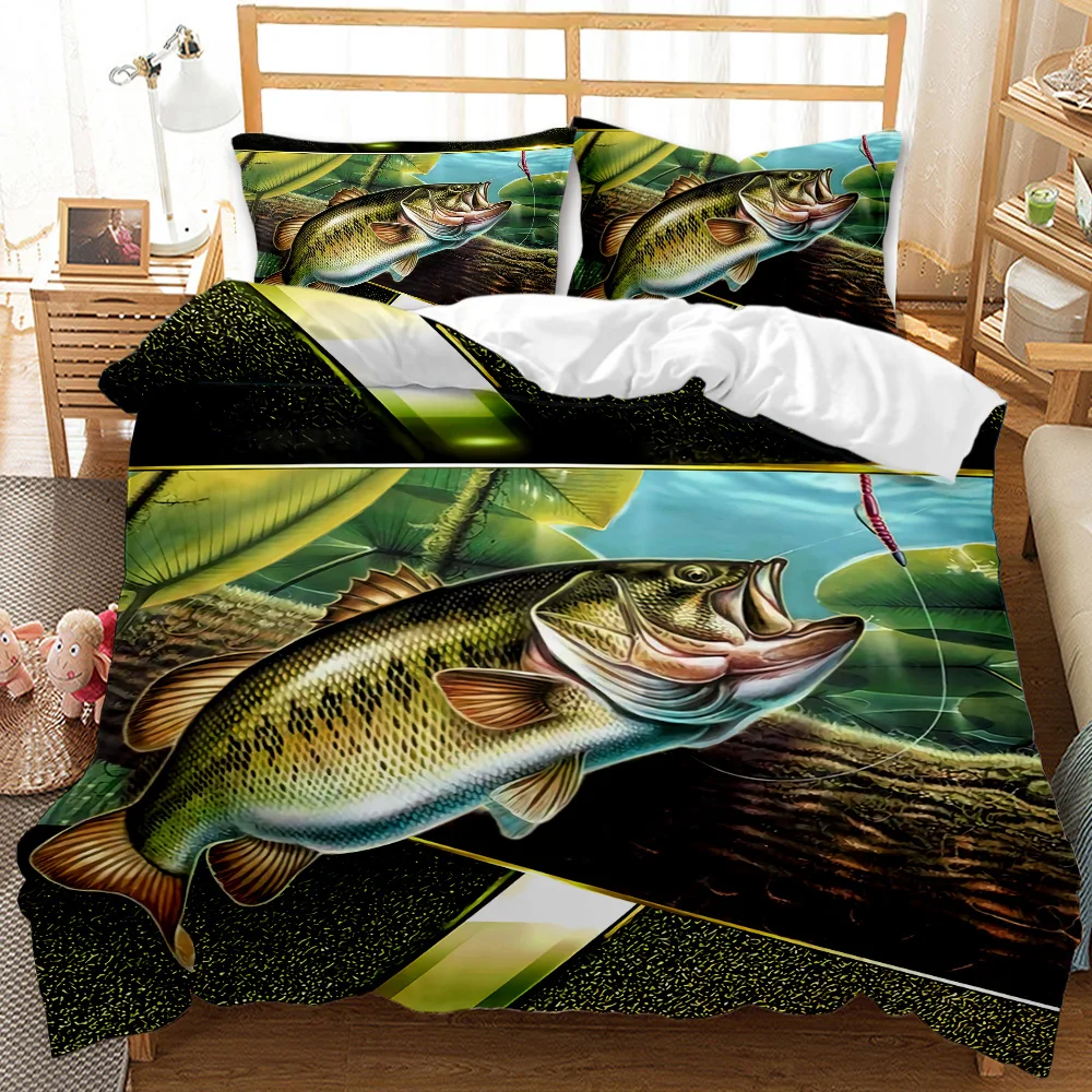 Big Pike Fishing Duvet Cover Set, Hunting Bedding, Fly Fishing Comforter cover,Queen King Full Size Quilt Cover for Teens Adults