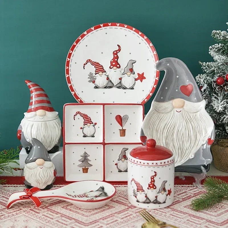 

Christmas Day Cutlery Set Santa Claus Dish Embossed Rice Salad Bowl Ceramic Flat Plate Cup Teapot Christmas Tree Tableware Gift