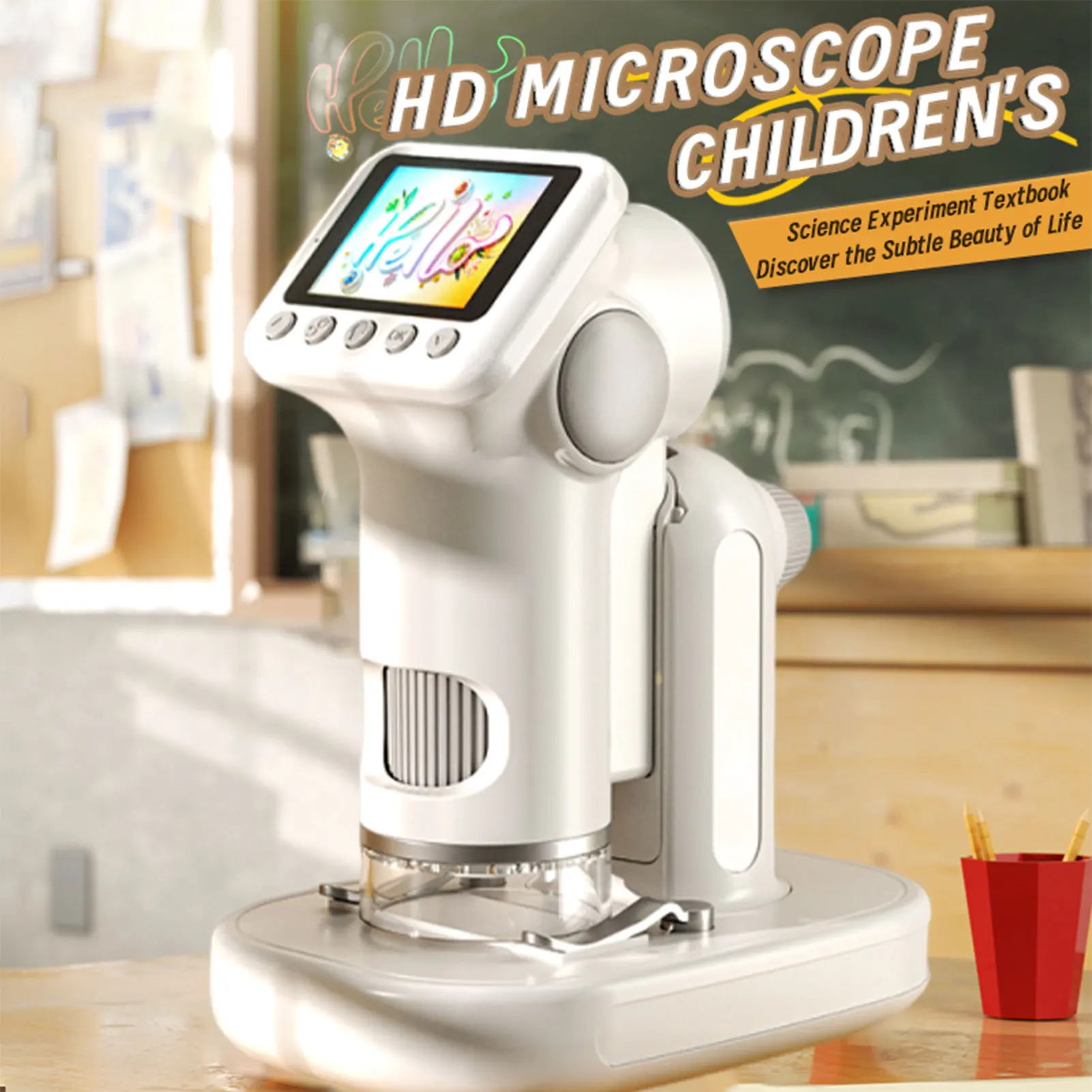 Детский цифровой микроскоп 100-1600X с цветным экраном 2,0 HD, 3 регулируемые лампы, портативный микроскоп с SD-картой 32 ГБ