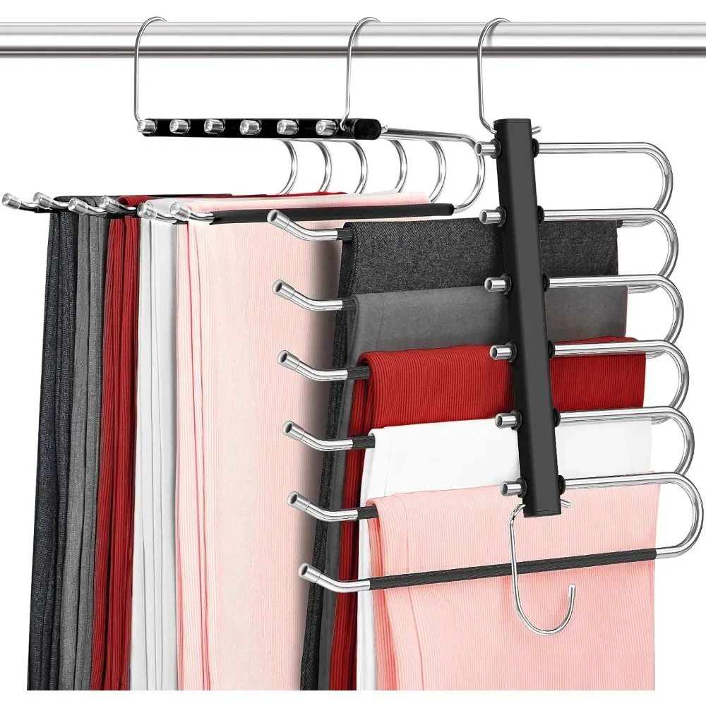 

Pants Hangers Space Saving - 4 Pack 6 Tier Open Ended Pants Hangers for Men Women, Non Slip Black Hangers for Pants, Jean