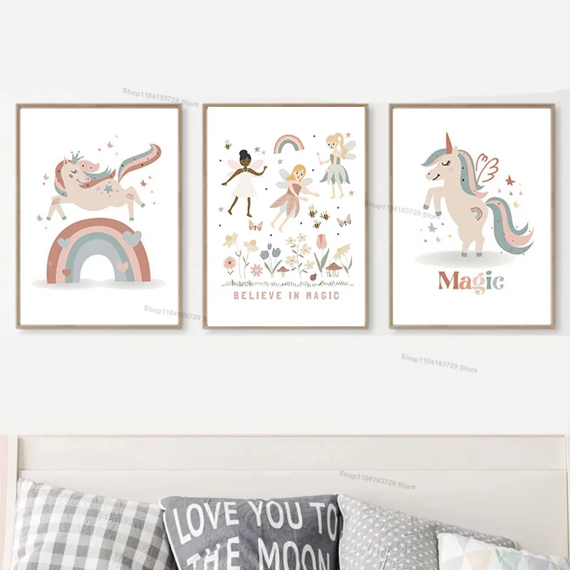 Cartoon Girl Princess Unicorn Rainbow Magic Nursery Poster Wall Art Canvas Painting Prints Pictures Baby Kids Room Home Decor