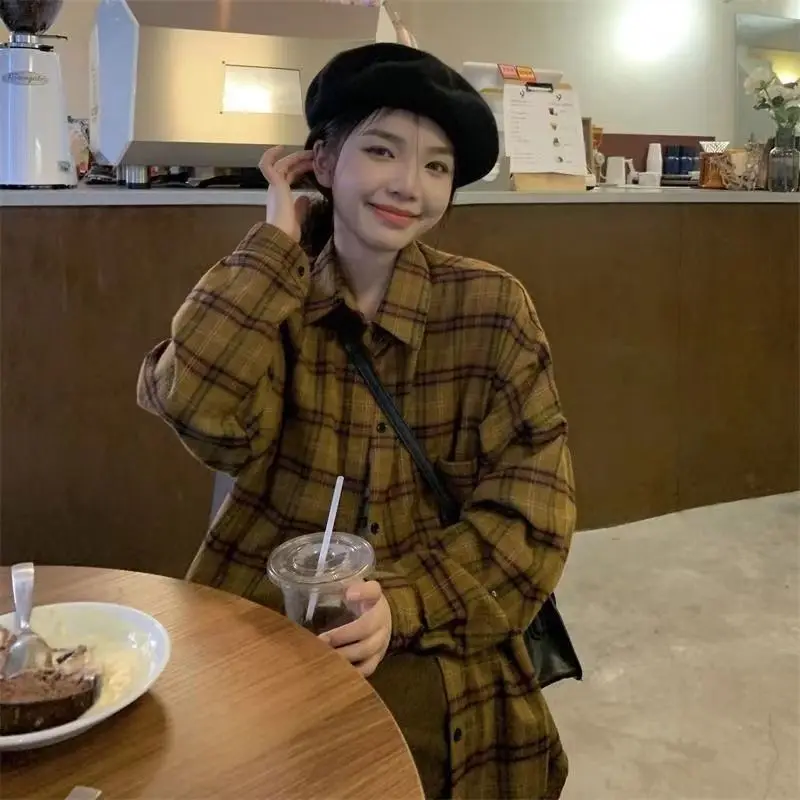 Camisa a cuadros cepillada Top Otoño Invierno nuevo estilo de Hong Kong camisa suelta Retro chaqueta Casual de manga larga